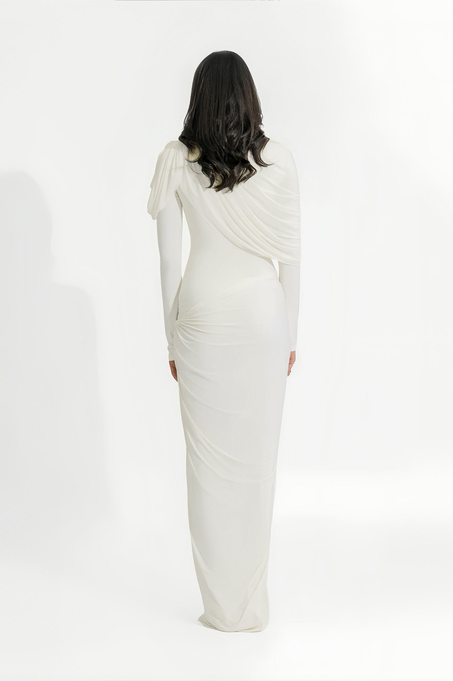 Bronwyn White Draped Pleated Asymmetrical Maxi Dress