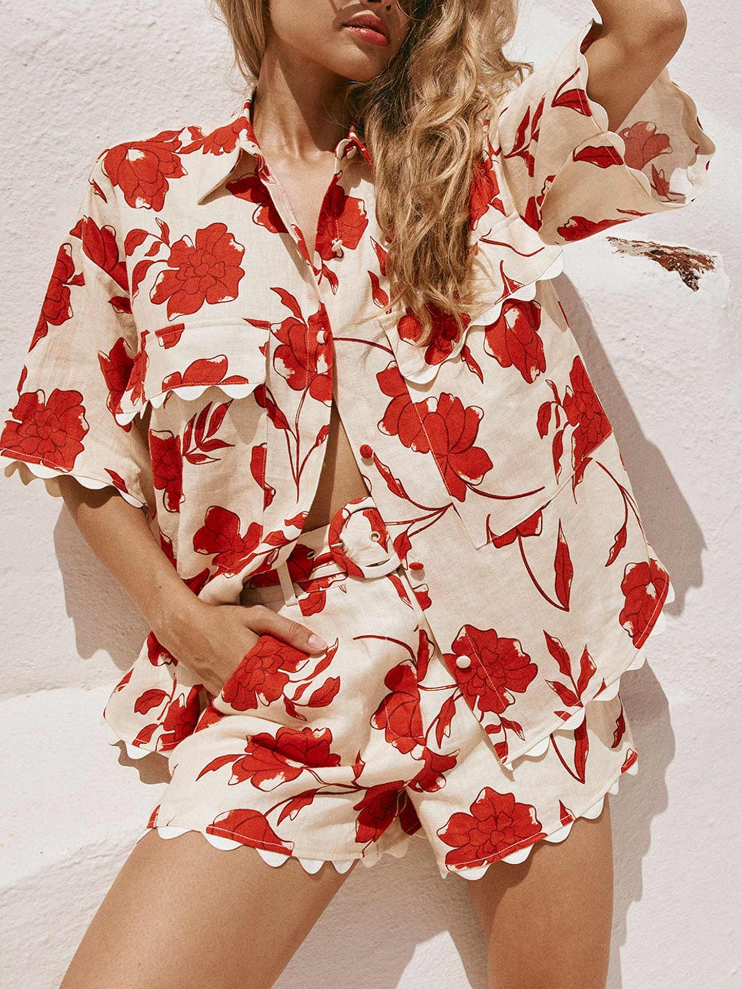 Scarlet Bloom Linen Two-Piece Set