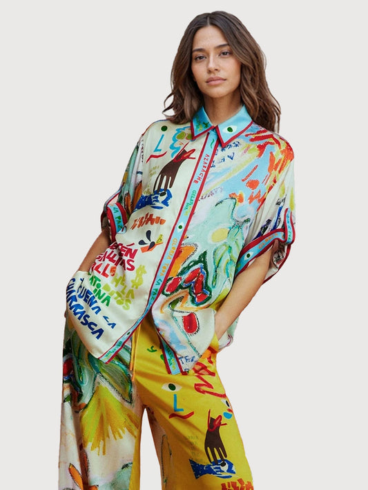 Vibrant Art Print Button-Up Shirt
