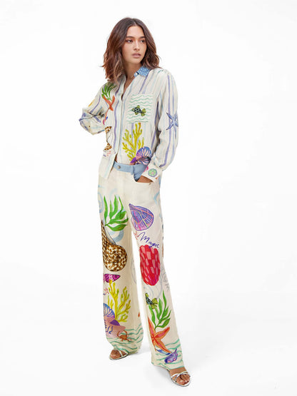 Seashell Print Belted Vacation Shirt