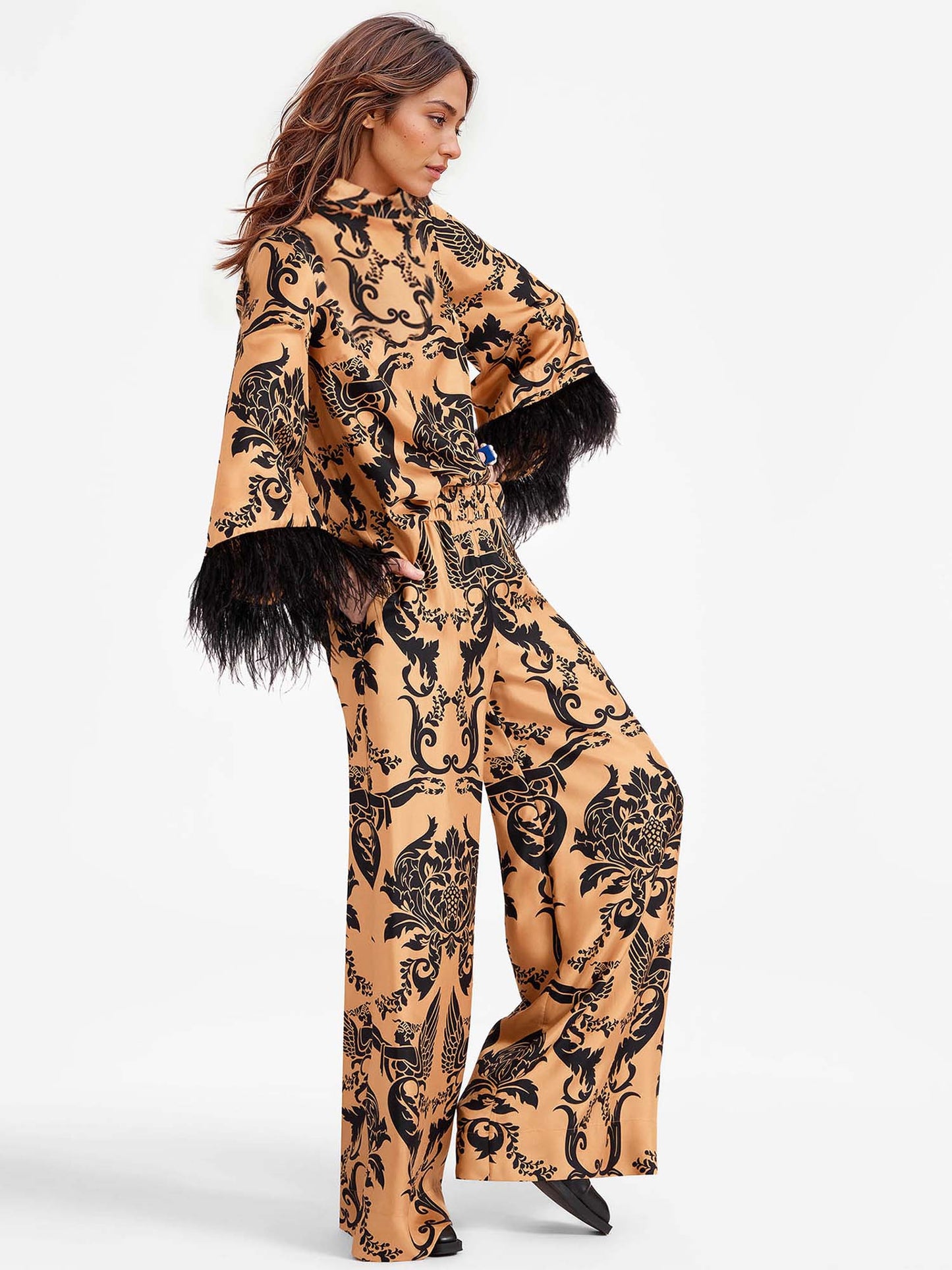 Bohemian Satin  Pants with Feather Accents