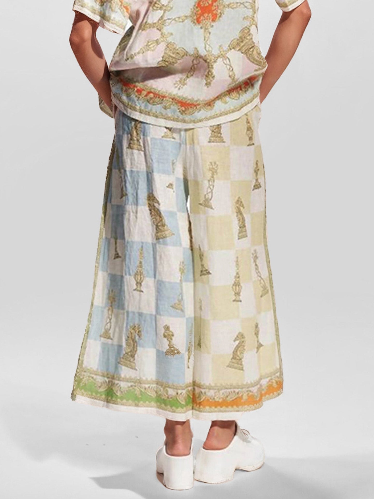 Vintage Chess Print Wide-Leg Pants