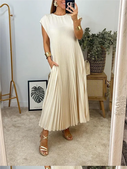 Sleeveless Pleated Simple Solid Color Dress👗