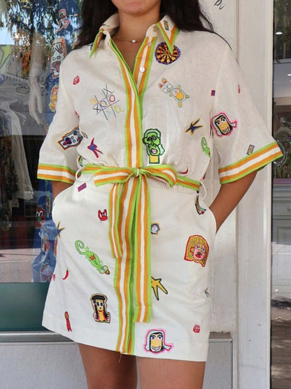 Vintage Graphic Print Mini Dress with Tie Waist