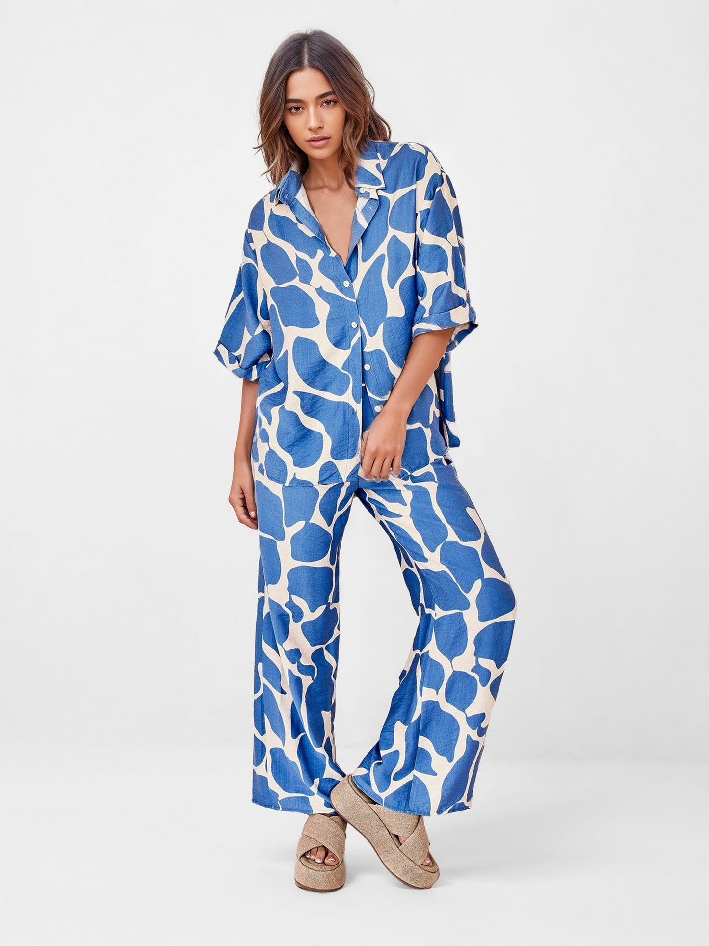 Ocean Wave Print Oversized Button-Up Shirt