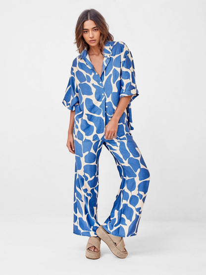 Ocean Wave Print Oversized Button-Up Shirt