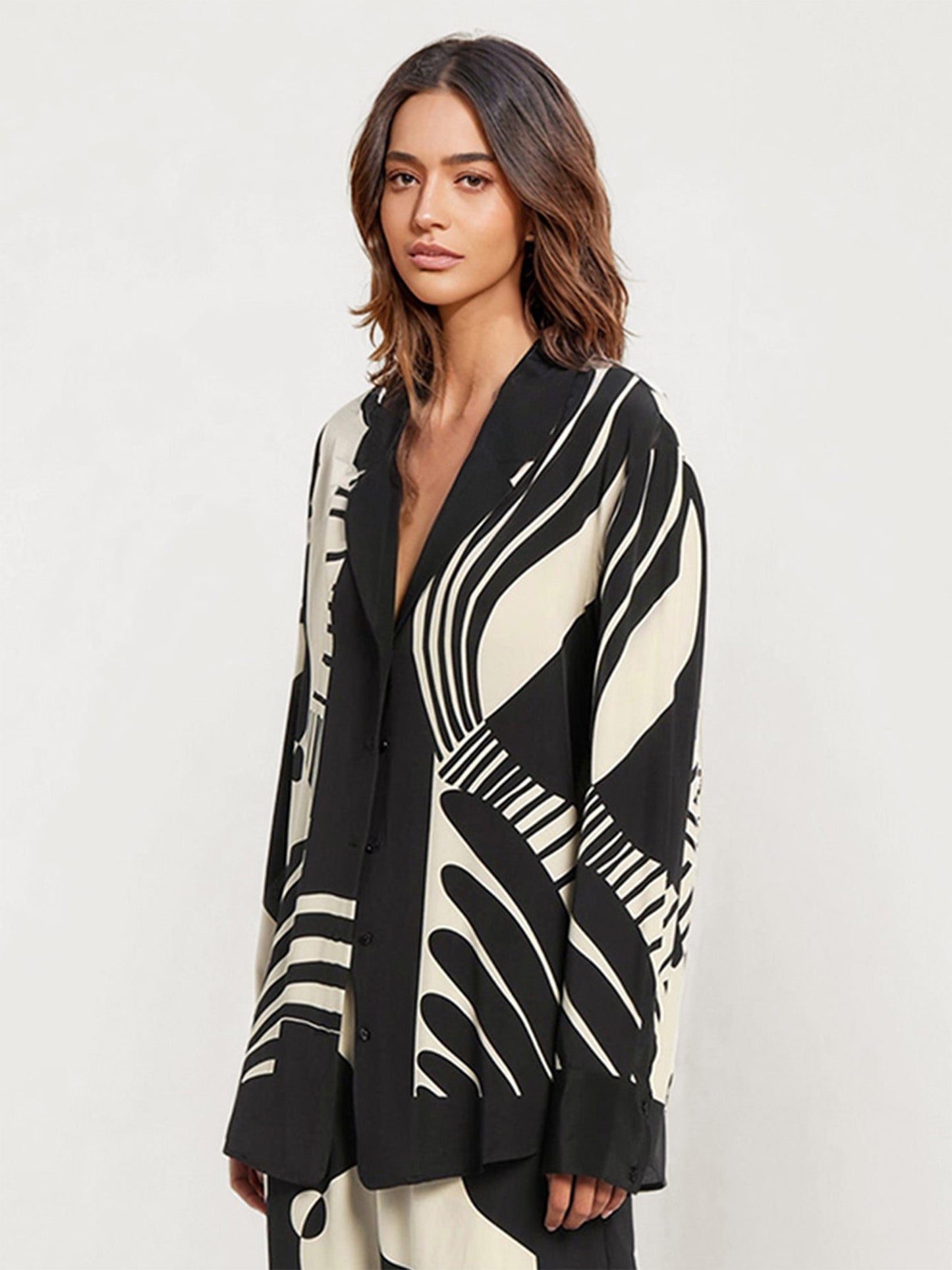 Abstract Black and White Print Button-Up Shirt