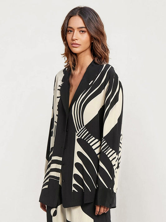 Abstract Black and White Print Button-Up Shirt