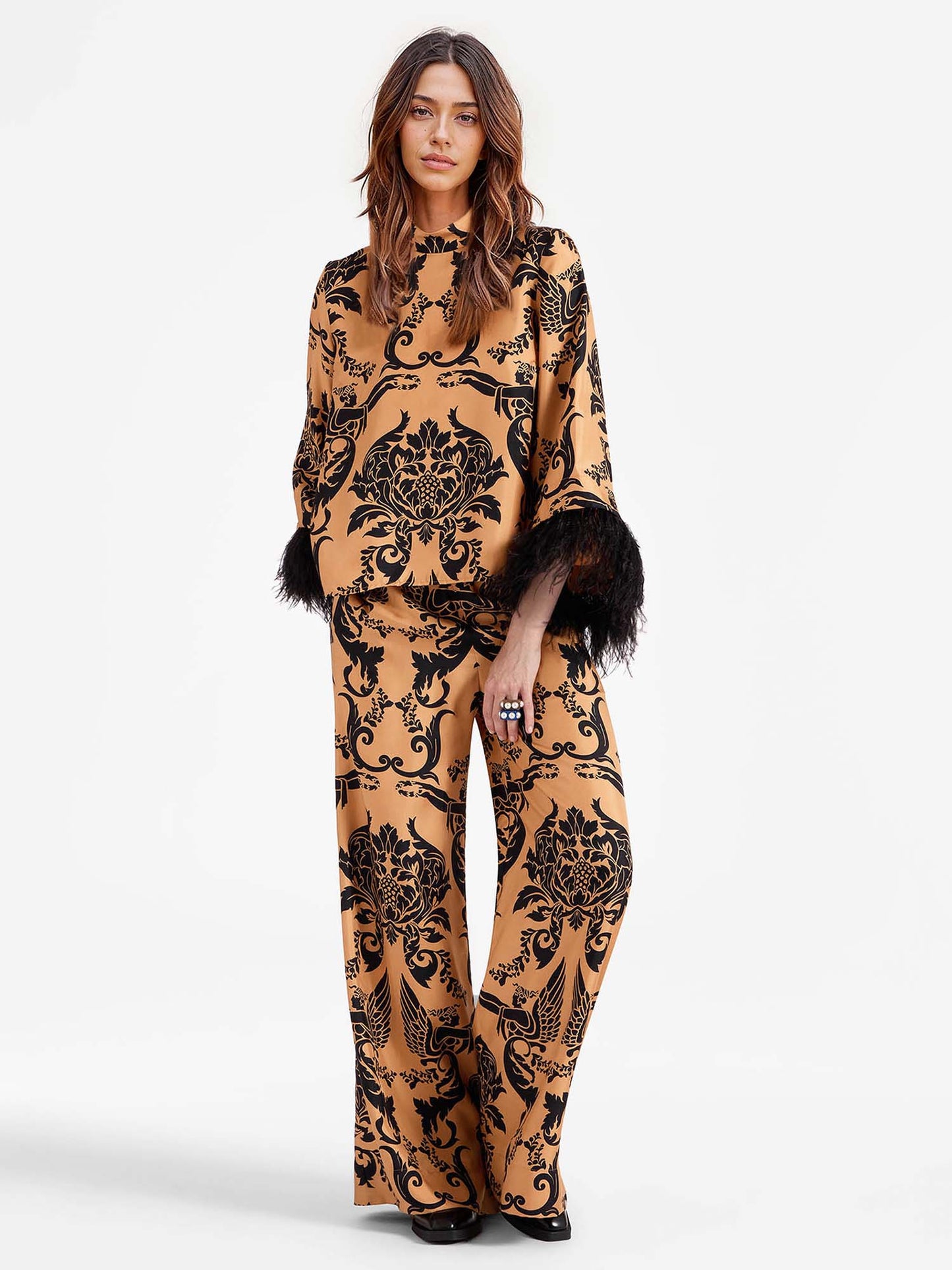 Bohemian Satin  Pants with Feather Accents