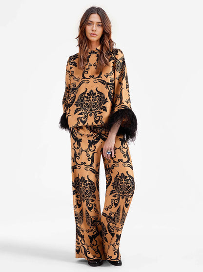 Bohemian Satin  Pants with Feather Accents