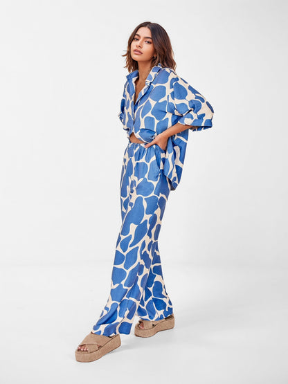 Ocean Wave Print Oversized Button-Up Shirt