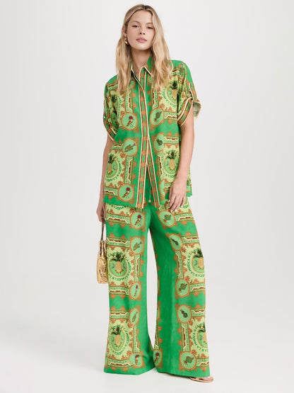 Green Paisley Print Wide-Leg Pants
