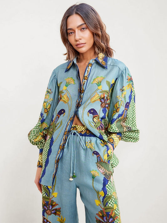 Bohemian Floral Print Button-Up Shirt