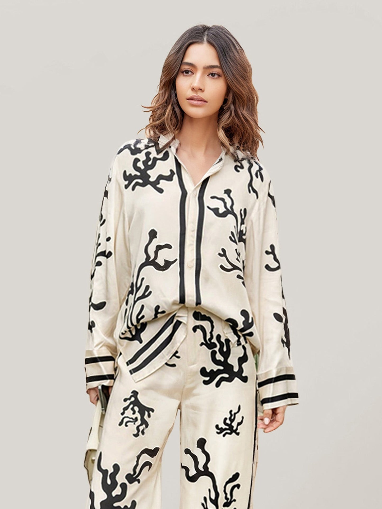 Black Coral Print Button-Up Shirt