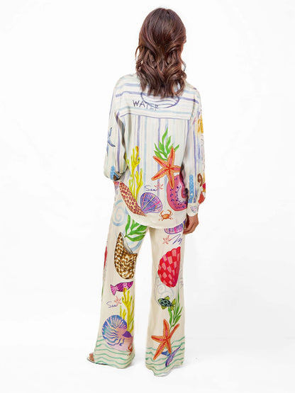 Seashell Print Belted Vacation Shirt
