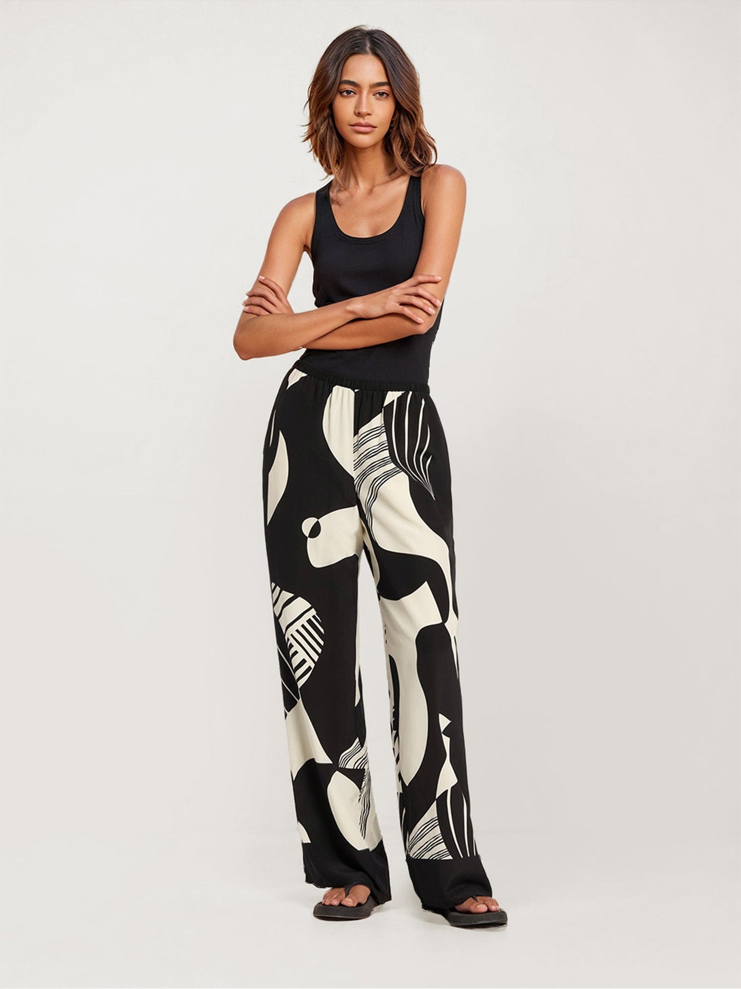 Abstract Black and White Print Wide-Leg Pants