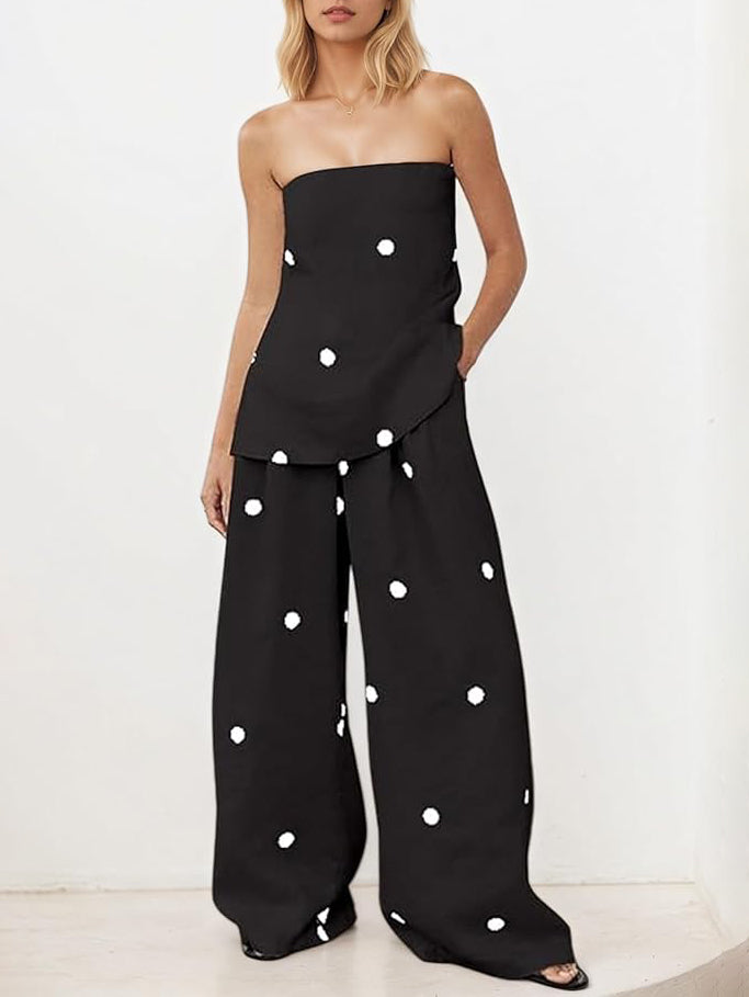 Classic Polka Dot Print Off-Shoulder Two-Piece Set