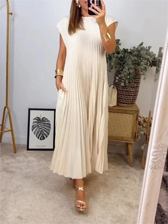 Sleeveless Pleated Simple Solid Color Dress👗