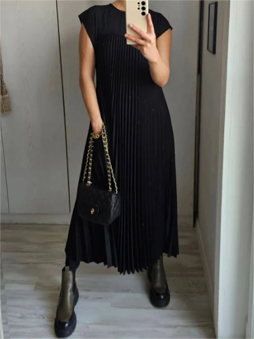 Sleeveless Pleated Simple Solid Color Dress👗