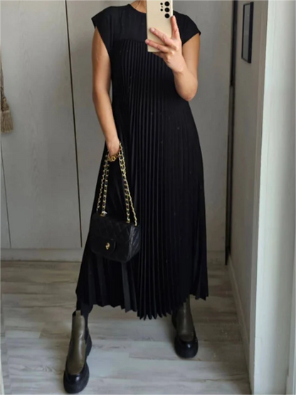 Sleeveless Pleated Simple Solid Color Dress👗