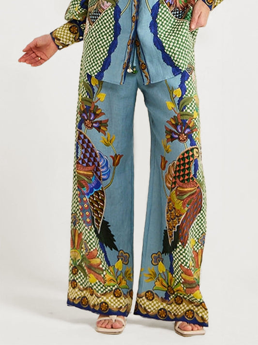 Bohemian Floral Print Wide-Leg Pants