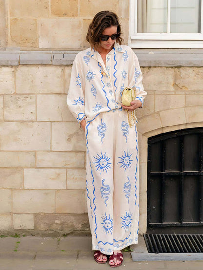 Celestial Sun Flowy Shirt & Wide-Leg Pants Set