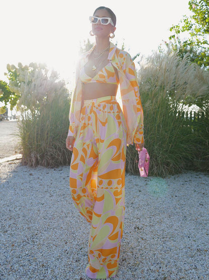Tropical Beach Graphic Print Wide-Leg Pants
