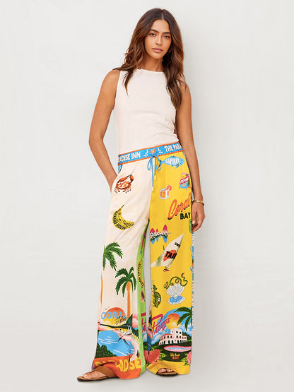 Sunset Beach Graphic Print Wide-Leg Pants
