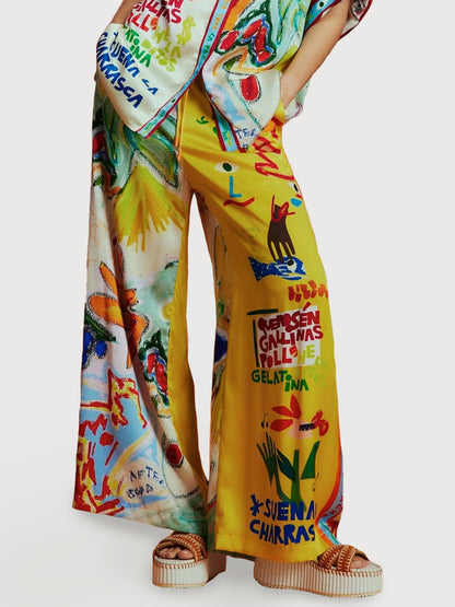 Vibrant Art Print Wide-Leg Pants