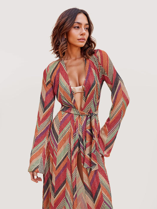 Chevron Print Open-Front Cardigan