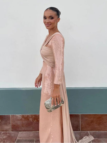 Elegant Blush Pink Sequin Cut Out Maxi Dress