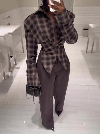 Kafra Brown Plaid Blouse