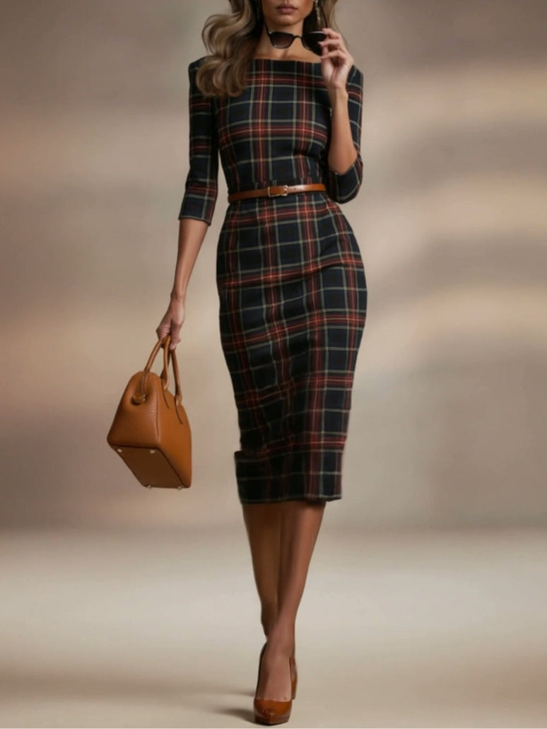 Classic plaid three-quarter sleeve midi dress