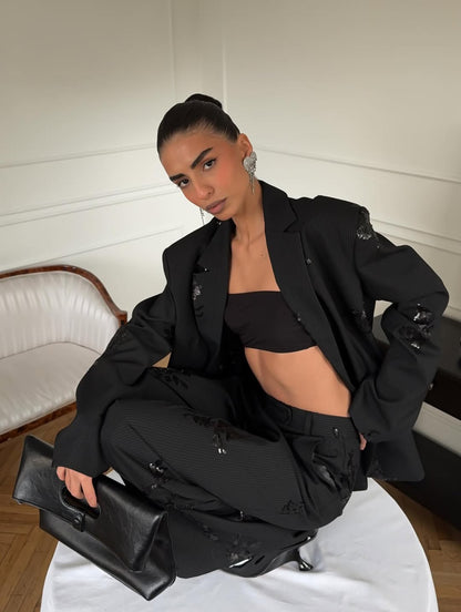 Sequin-Embellished Blazer & Trousers Set