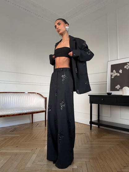 Sequin-Embellished Blazer & Trousers Set