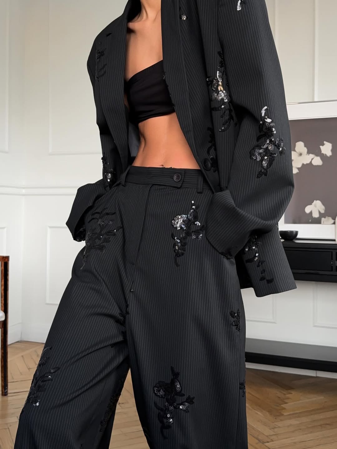 Sequin-Embellished Blazer & Trousers Set