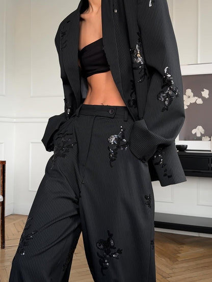Sequin-Embellished Blazer & Trousers Set
