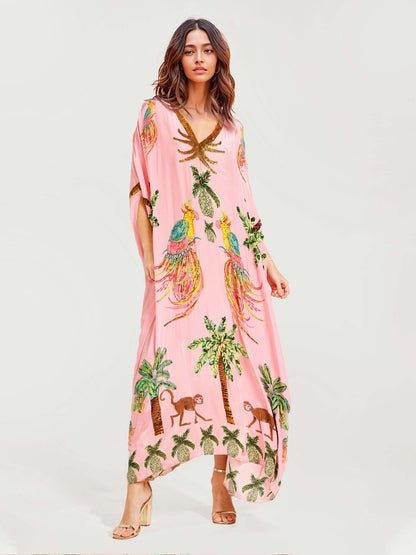 Black/Pink Parrot Print Maxi Dress