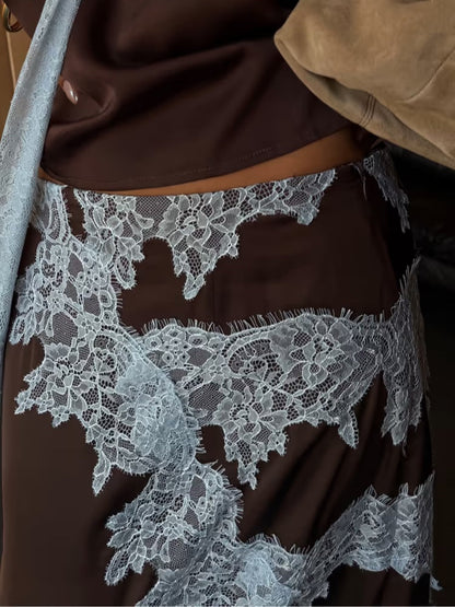 Elegant Brown and Blue Lace Panel Top + Skirt Suit Set