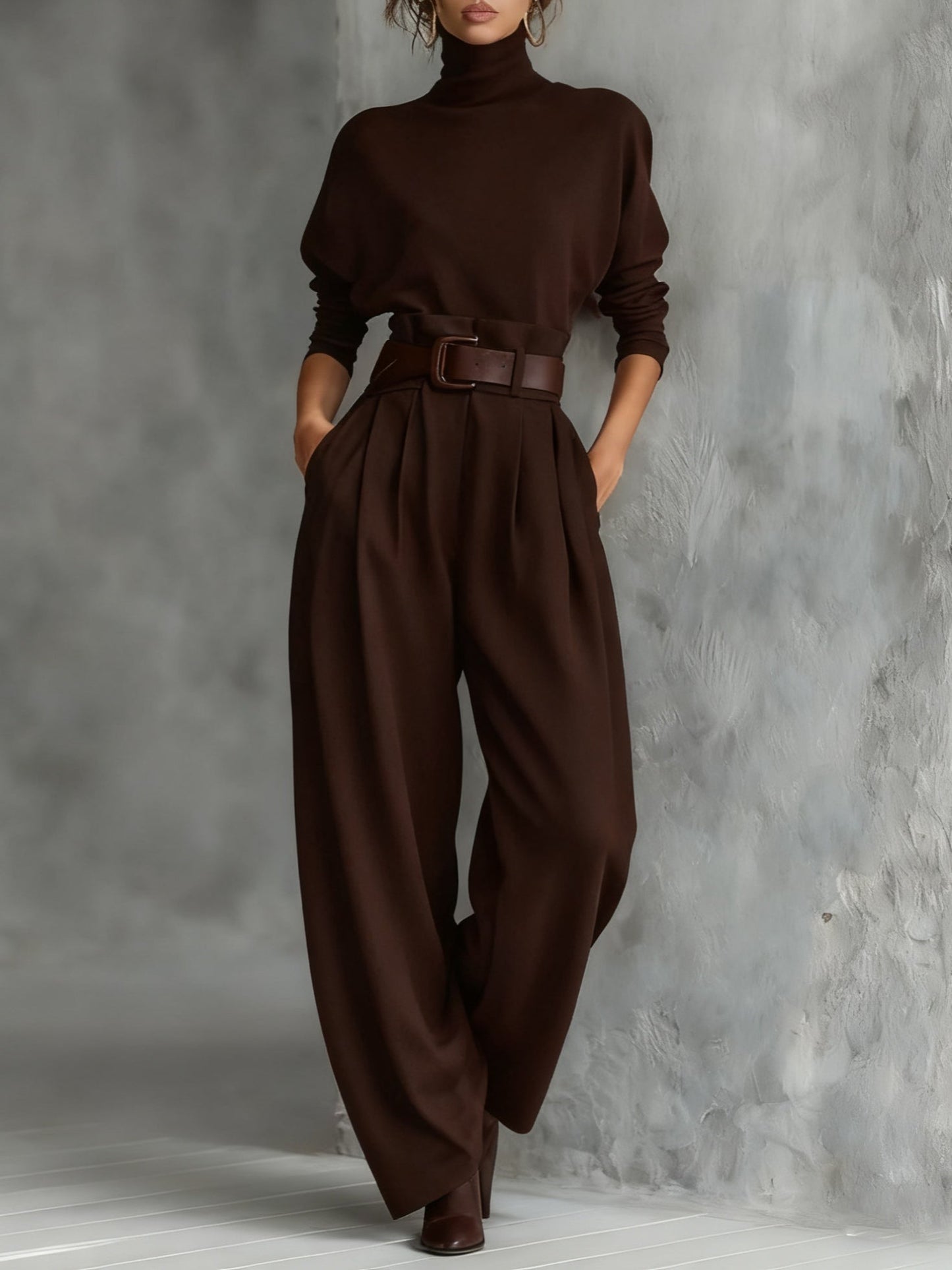 All-black Turtleneck Long-sleeved T-shirt And Straight-leg Pants Two-piece Set (including Belt)