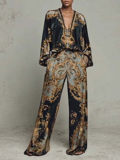 Baroque Ornate Floral Print Top And Wide-leg Trousers Casual Suit