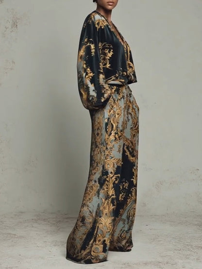 Baroque Ornate Floral Print Top And Wide-leg Trousers Casual Suit