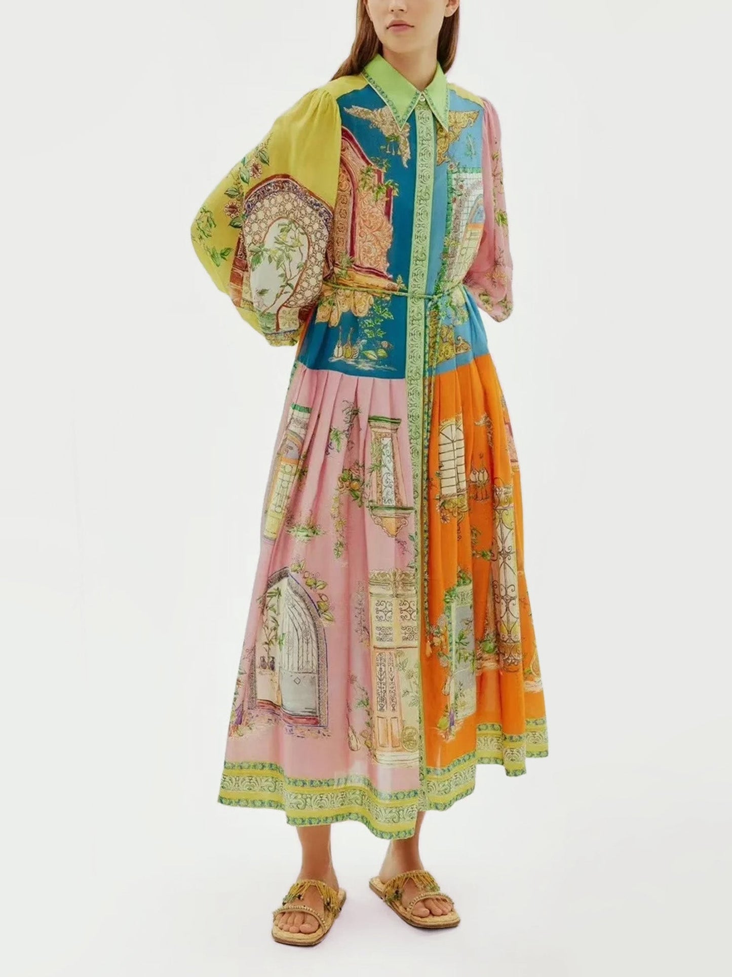 Vintage-Inspired Printed Button-Up Midi Dress