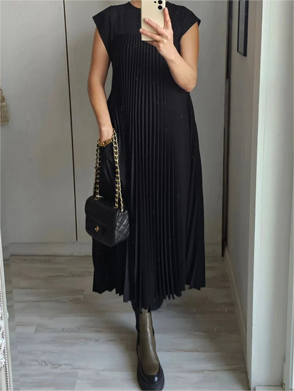 Sleeveless Pleated Simple Solid Color Dress👗