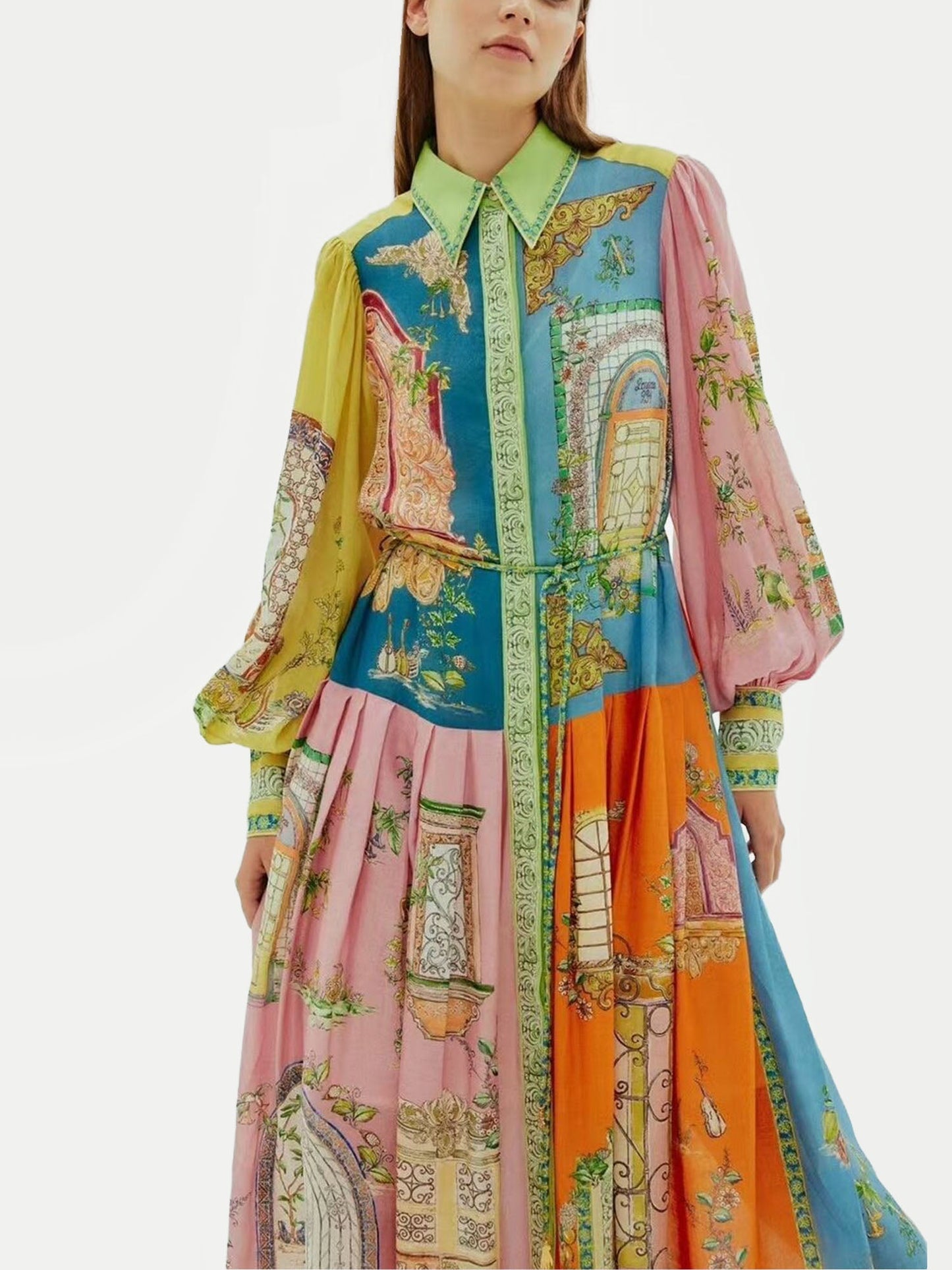 Vintage-Inspired Printed Button-Up Midi Dress