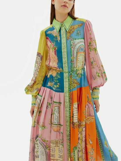 Vintage-Inspired Printed Button-Up Midi Dress