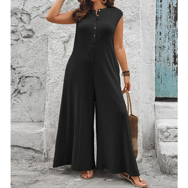 Sleeveless Ribbed Wide-Leg Jumpsuit with Pockets