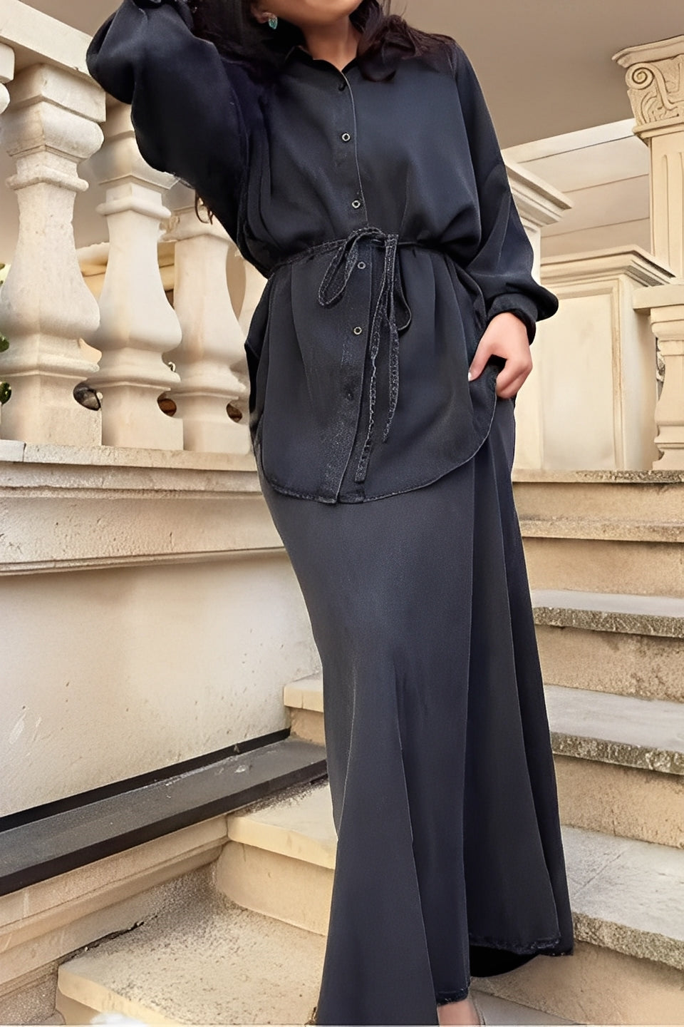 Long-sleeved Tie-Drawstring Shirt and Skirt Set